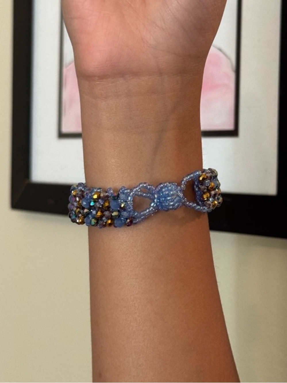 Handmade Beaded Blue Macramé Bracelet with Iridescent Accents